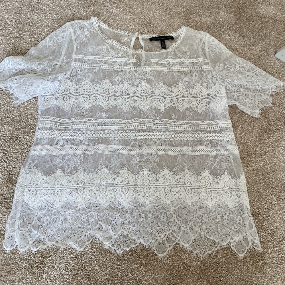 WHBM White Lace Top Blouse L Sheer Boho Romantic Shabby Chic Etherial